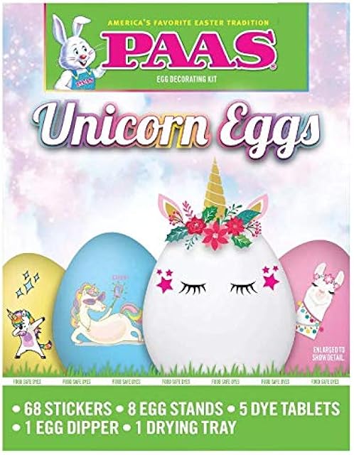 The PAAS Unicorn Eggs - Easter Egg Decorating Kit - 68 Stickers, 8 Egg Stands, 5 Dye Tablets, and More