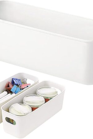 3 Pack White Storage Bin, 10" Long Bathroom Organizing Bins, Plastic Organizer Bins with Handles for Vanity, Pantry, Shelves