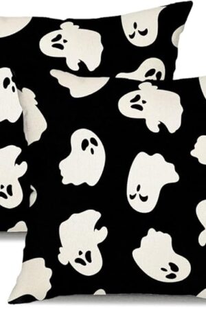 DFXSZ Halloween Pillow Covers 18x18 inch Set of 2 Happy Halloween White Ghost Decor Black Pillow Covers Sofa Bed Outdoor Car Decoration TH-14A18