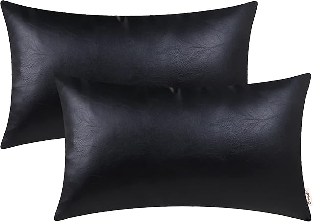 BRAWARM Faux Leather Throw Pillow Covers 12 X 20 Inches - Black Leather Lumbar Pilow Covers Pack of 2, Solid Dyed Leather Pillowcases for Couch Bed Sofa Garden Home Decorative