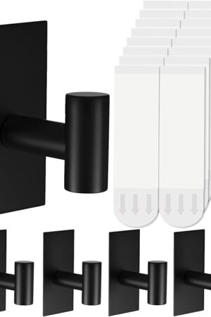 5 Pcs Towel Hooks Heavy Duty for Hanging，Adhesive Wall Hooks with Removable Strips，Sticky No Damage，Outdoor for Bathrooms，Shower，Stockings，Decor，Robe，X-Large，Black 304 Stainless Steel