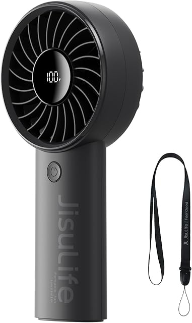 JISULIFE Handheld Fan Life4, 5000mAh Portable Rechargeable Fan, 5-Speed Turbo Wind, 17.5 Hrs Cooling, LED Display, Gifts for Men/Women, Essential for Travel,Beach,Vacation,Makeup,Concerts,Cruise-Black