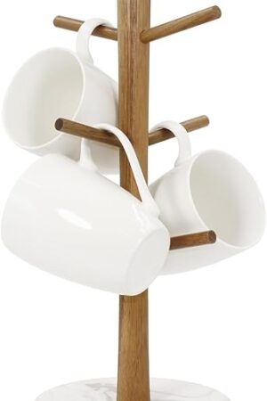 Buruis Wood Mug Holder, Marble Base Cup Rack Tree, Mug Stand Hanger, Kitchen Coffee Tree Countertop Tea Holder Stand, Coffee Cup Dryer with 6 Hooks (Round Base White)