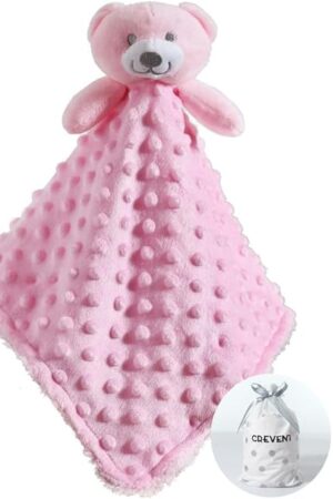 CREVENT Baby Comforting Security Blanket Minky Dot Front Sherpa Backing Pink Bear