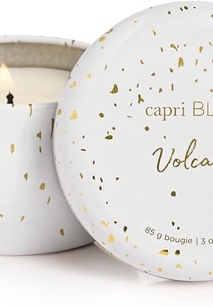 Capri Blue Glimmer Mini Tin - Volcano Scented Candle with Mini Tin Candle Holder - Soy Wax Blend - White and Gold (3 oz)