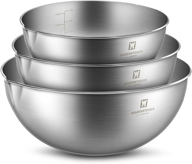3-Piece Stainless Steel Mixing Bowl Set, Silver Color, Nesting Bowls with Pure Spout, Multipurpose Kitchen Basket, 1.56Quarts/3.17Quarts/4.23Quarts (No Color Added)