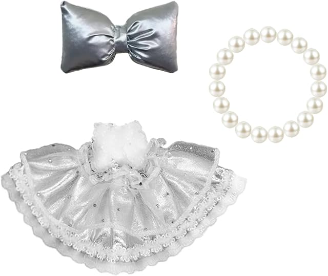 The 17cm Doll Clothes Set(NO Doll),Bow & Pearl Necklace & Lace Dress for 17cm Dolls,Stylish Adorable Dolls Clothes Accessories (Silver)