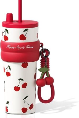 24 OZ Stainless Steel Tumbler with Lid and Straw, Sidagar Insulated Water Bottle Leak Proof for Hot and Cold, Portable Iced Travel Coffee Mug, Reusable Thermal Coffee Cup For Women Women, Cherry