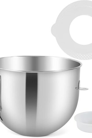 7QT Stainless Steel Bowl for KitchenAid Stand Mixer With Lid to Prevent Spills, Ergonomic Handle, Dishwasher Safe, Suitable for 7-Quart Mixer