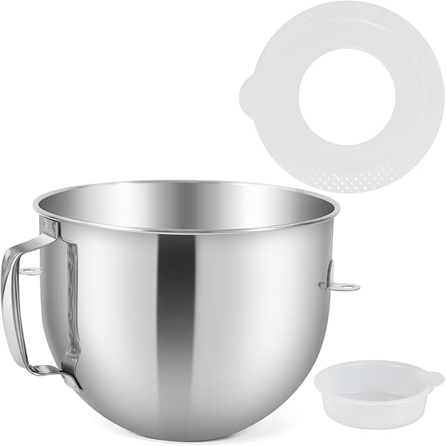 7QT Stainless Steel Bowl for KitchenAid Stand Mixer With Lid to Prevent Spills, Ergonomic Handle, Dishwasher Safe, Suitable for 7-Quart Mixer