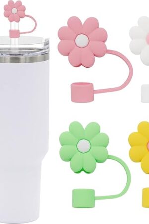 4Pcs 0.4in Diameter Cute Silicone Straw Covers Cap for Stanley Cup, Dust-Proof Drinking Straws Reusable Straws Tips Lids (4 PCS Flower Straw Covers)