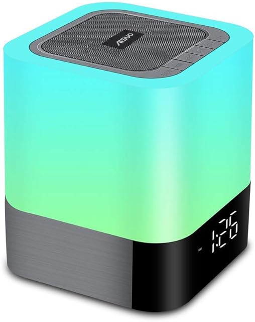 Aisuo Night Light-5 in 1 Bedside Lamp with Bluetooth Speaker, 12/24H Digital Calendar Alarm Clock, Touch Control, Support TF and SD Card, Music Player, Gift for Girls Boys Teens,Warm White