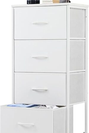 DUMOS Nightstand with 4 Drawers Bedside Table with Removable Fabric Bins Sturdy Steel Frame Wood Top Organizer Furniture for Bedroom Nursery Closet Living Room