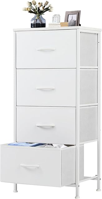 DUMOS Nightstand with 4 Drawers Bedside Table with Removable Fabric Bins Sturdy Steel Frame Wood Top Organizer Furniture for Bedroom Nursery Closet Living Room