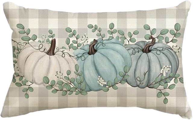 AVOIN colorlife Buffalo Plaid Pumpkin Eucalyptus Leaves Throw Pillow Cover 12x20 Inch, Fall Autumn Thanksgiving Harvest Decoration for Home Sofa Couch
