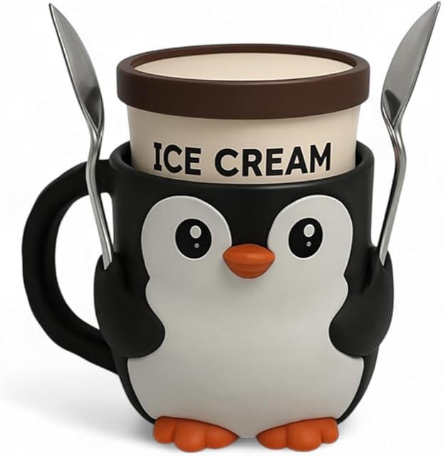 Penguin Ice Cream Pint Holder - Fits Standard Pints | Dual Spoon Sockets | Keeps Hands Warm | Fun Penguin Design | Vibrant Colors | Reusable Ice Cream Sleeve | Ramen Noodle Holder