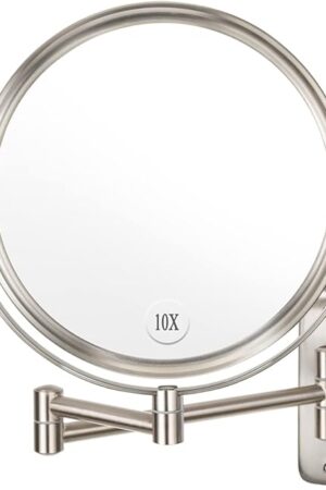 Wall Mounted Makeup Mirror - 10x Magnification 8'' Two-Sided Swivel Extendable Bathroom Mirror Nickel Finish