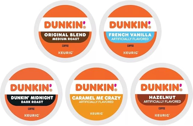 Variety Pack Sampler of Dunkin Donuts K-Cups Coffee Pods—Original, Dark, Caramel, Hazelnut & French Vanilla Coffee—for Keurig Brewers— (24 Count)