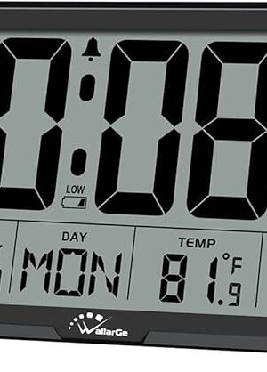 WallarGe Auto Set Digital Wall Clock Battery Operated, Desk Clocks with Temperature, Humidity and Date, Large Display Digital Calendar Alarm Clock for Elderly, Bedroom, Office, 8 Time Zone, Auto DST.
