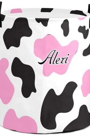 Black Pink Cow Print Round Storage Basket Personalized Name Laundry Basket Waterproof Nursery Hamper with Handle for Living Room Bedroom and Clothes