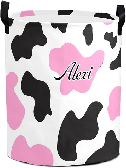 Black Pink Cow Print Round Storage Basket Personalized Name Laundry Basket Waterproof Nursery Hamper with Handle for Living Room Bedroom and Clothes