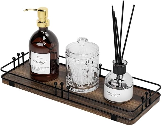 Bathroom Vanity Tray for Countertop Toiletries Perfume Makeup Soap Dispenser Toilet Tank, Kitchen Tray for Salt Spice, Decor Tray for Candle Nightstand Coffee 11.3?x 4.4? Brown-Black