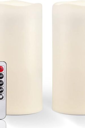 Amagic 2 Pack 6" x 4" Outdoor Plastic Electric flameless Candles with Remote Control and Timer, Battery Operated Flickering LED Pillar Fake Candle for Home, Wedding Decor, Ivory