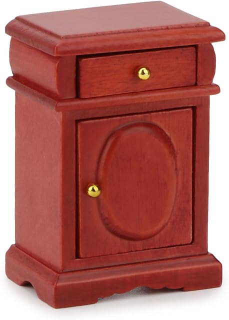 The Miniature Bedside Cabinet 1:12 Dollhouse Furniture Nightstand Wooden Model Doll House Accessories for Mini Room Bedroom Scene Decoration (Red)