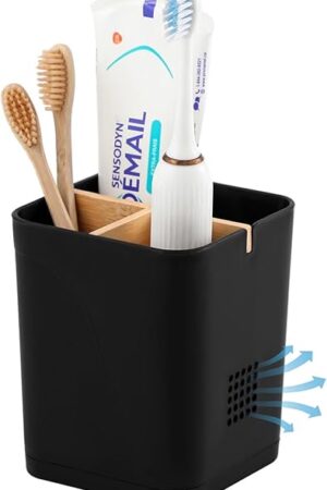 Electric Toothbrush Holder 3 Slots Tooth Brushing Holder with Bamboo Dividers for Bathrooms, Plastic Toothbrush and Toothpaste Organizer for Shower, Countertop, Vanity, Black
