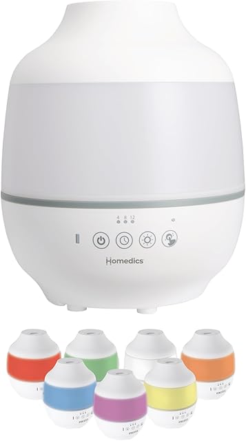 Homedics TotalComfort Humidifier – Large Air Humidifiers for Bedroom, Plants, Office – Cool Mist, Essential Oil Pads and Built-In Timer, 7-Color Night-Light, 2 Mist Settings, White