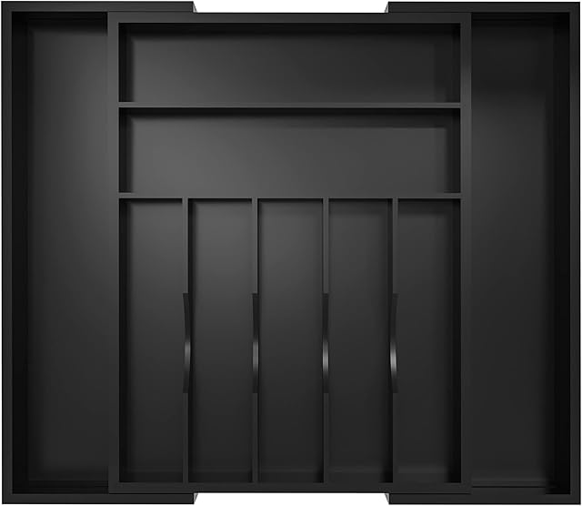 Bamboo Silverware Drawer Organizer Utensil Organizer for Makeup Office Storage Tool Organization, Black, W13.5"-19.5" x L17.5" x H2.5"