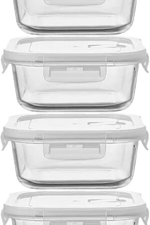 4 Pack Square Glass Meal Prep Containers with Lids, 2 Cup Square food Storage Containers, Heat-Resistant BPA-Free Glass Food Containers for Leftover MicrowaveDishwasherFreezer Safe