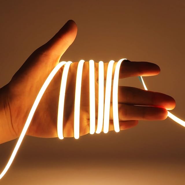 COB LED Strip Light, 16.4FT 12V 3000k Narrow Width 5mm Super Bright CRI 90+ Dotless LED Tape Light, 400LEDs/M Cuttable Flexible Dimmable Light Strip for Indoor Home Decor (No Power Supply)
