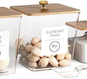 3 Pack Acrylic Laundry Room Organization Containers with Gold & Wood Knobs – Laundry Pods Container & Detergent Organizer Set | Clear Laundry Jars | Scoops & Customizable Labels | Storage Canisters