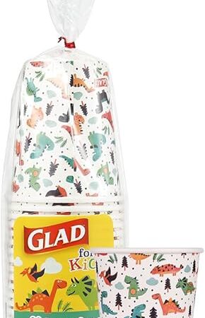 Glad for Kids Dinosaur Paper Cups|20 Count White Paper Cups with Dinosaur Design for Kids|Heavy Duty Disposable Paper Cups for Everyday, 9 Ounces, 20 Count|Dinosaur Birthday Supplies, Dinosaur Cups