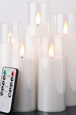 Amagic Pure White Flameless Candles, Battery Operated Candles, Acrylic Flickering LED Pillar Candles with Remote Control and Timer, 3D Wick, Yellow and Blue Glow, D2.2 xH5 5" 6" 7" 8", Set of 5