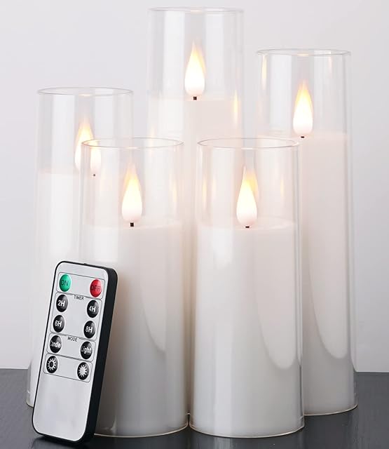 Amagic Pure White Flameless Candles, Battery Operated Candles, Acrylic Flickering LED Pillar Candles with Remote Control and Timer, 3D Wick, Yellow and Blue Glow, D2.2 xH5 5" 6" 7" 8", Set of 5