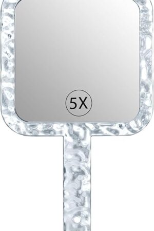 YEAKE Hand Mirror,Double-Sided Handheld 1X/5X Magnifying Mirror with Handle for Makeup, Shaving Mirror with Hole Hanging,Acrylic, 6.1" W x 10" L, Square Shape, Transparent 1 PC