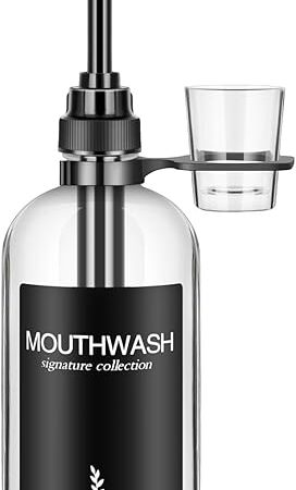 Clear Glass Mouthwash Dispenser with Black Cup Holder and Pump, 16 Oz Rustic Boho Mouthwash Dispenser for Bathroom Farmhouse Decor - 1 Pack