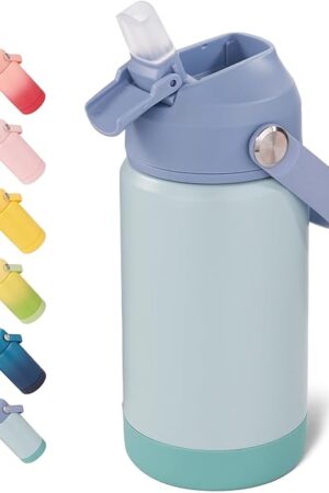 12 oz Water Bottle, Kids Water Bottles for School, Toddler Water Bottle with Straw & Handle, 304 Stainless Steel Insulated Water Bottle, Non-slip Silicone Base, BPA Free, Haze Blue