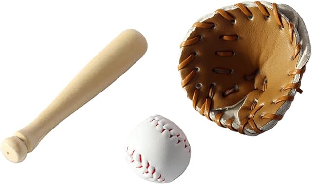 The 3Pcs/Set Khaki Dollhouse Baseball, 1/12 Scale Miniature Accessories, Wood Miniature Baseball Glove Set for Scene Decor