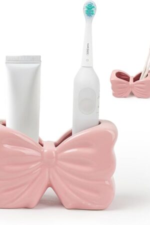Bow Toothbrush Holder, Pink Ceramic Multi-Purpose 2-Section Organizer for Bathroom, Kitchen, Bedroom, Office Decor