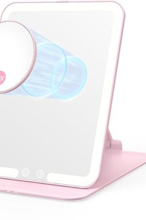 Benbilry Foldable Travel Makeup Mirror with Lights and 20X Magnification, Rechargeable Tabletop LED Vanity Mirror with Adjustable Stand, 3-Colored Dimmable Lighting, Portable Cosmetic Mirror, Pink