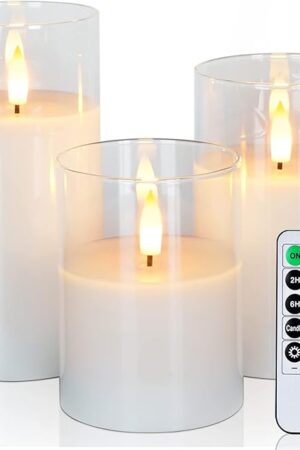 Amagic Clear Glass Flameless Candles Battery Operated with Timer, Remote Control, LED Pillar Candles, Battery Powered, Pure White Wax, Set of 3