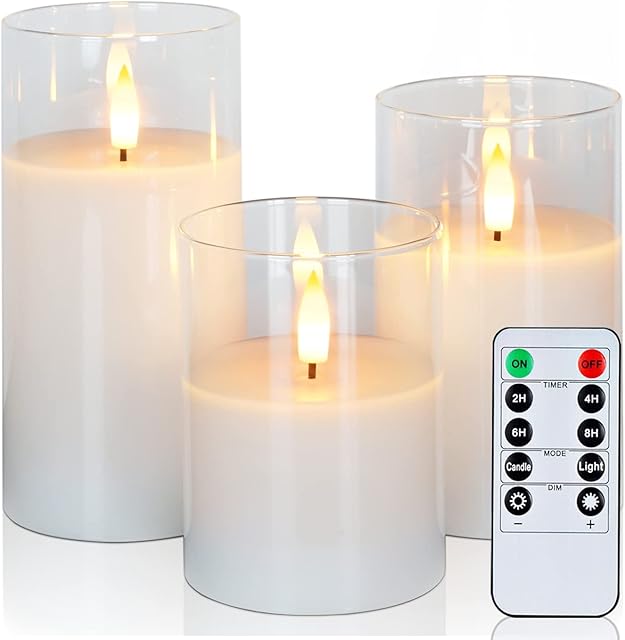 Amagic Clear Glass Flameless Candles Battery Operated with Timer, Remote Control, LED Pillar Candles, Battery Powered, Pure White Wax, Set of 3