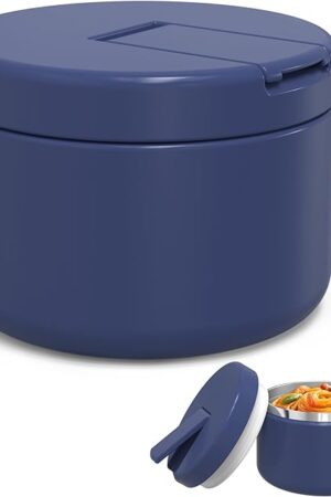 12oz Kids Soup Thermo for Hot Food Insulated Vacuum Food Jar with Buckle Lid, Stainless Steel Wide Mouth Leak Proof Lunch Container for School Travel-Blue