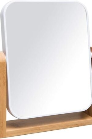 YEAKE Vanity Makeup Mirror with Natural Bamboo Stand, 8 Inch Double Sided 360 Degree Swivel Magnifying Mirror for Table, Desk, Countertop Shaving Make Up