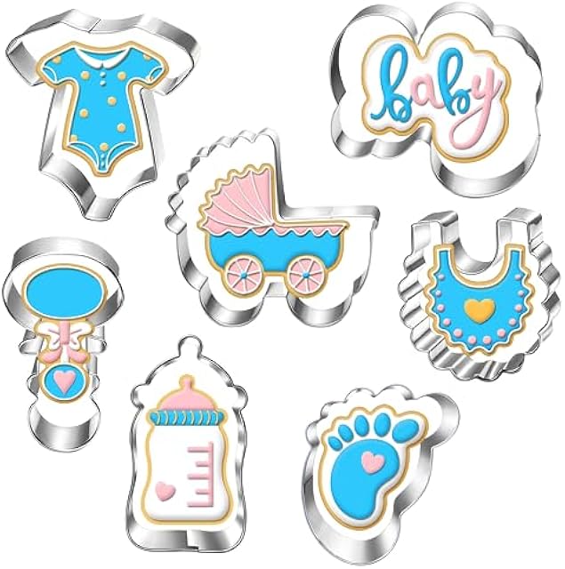 Baby Shower Cookie Cutter Set-7 Piece Onesie, Bib, Rattle, Bottle, Carriage, Foot and Word Biscuit Cookie Cutters Fondant Molds for Baby Shower Birthday Party