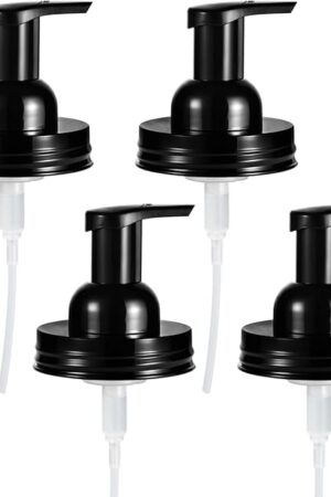 Amolliar Mason Jar Foaming Soap Dispenser Lids, Plastic Foam Pump Lids for Regular Mouth, Foaming Replacement Pump Set, Farmhouse Kitchen BathroomShower, Includes Waterproof Stickers - 4 Pack, Black