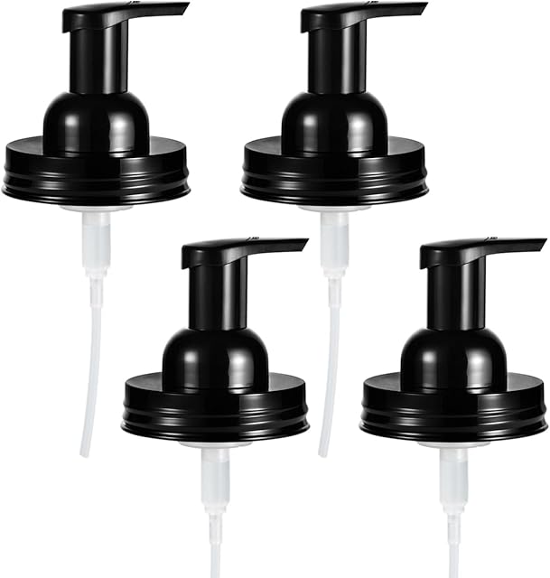 Amolliar Mason Jar Foaming Soap Dispenser Lids, Plastic Foam Pump Lids for Regular Mouth, Foaming Replacement Pump Set, Farmhouse Kitchen BathroomShower, Includes Waterproof Stickers - 4 Pack, Black